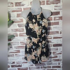 Sienna Sky Black Floral Halter Romper with Blush and Pale Blue Blooms
